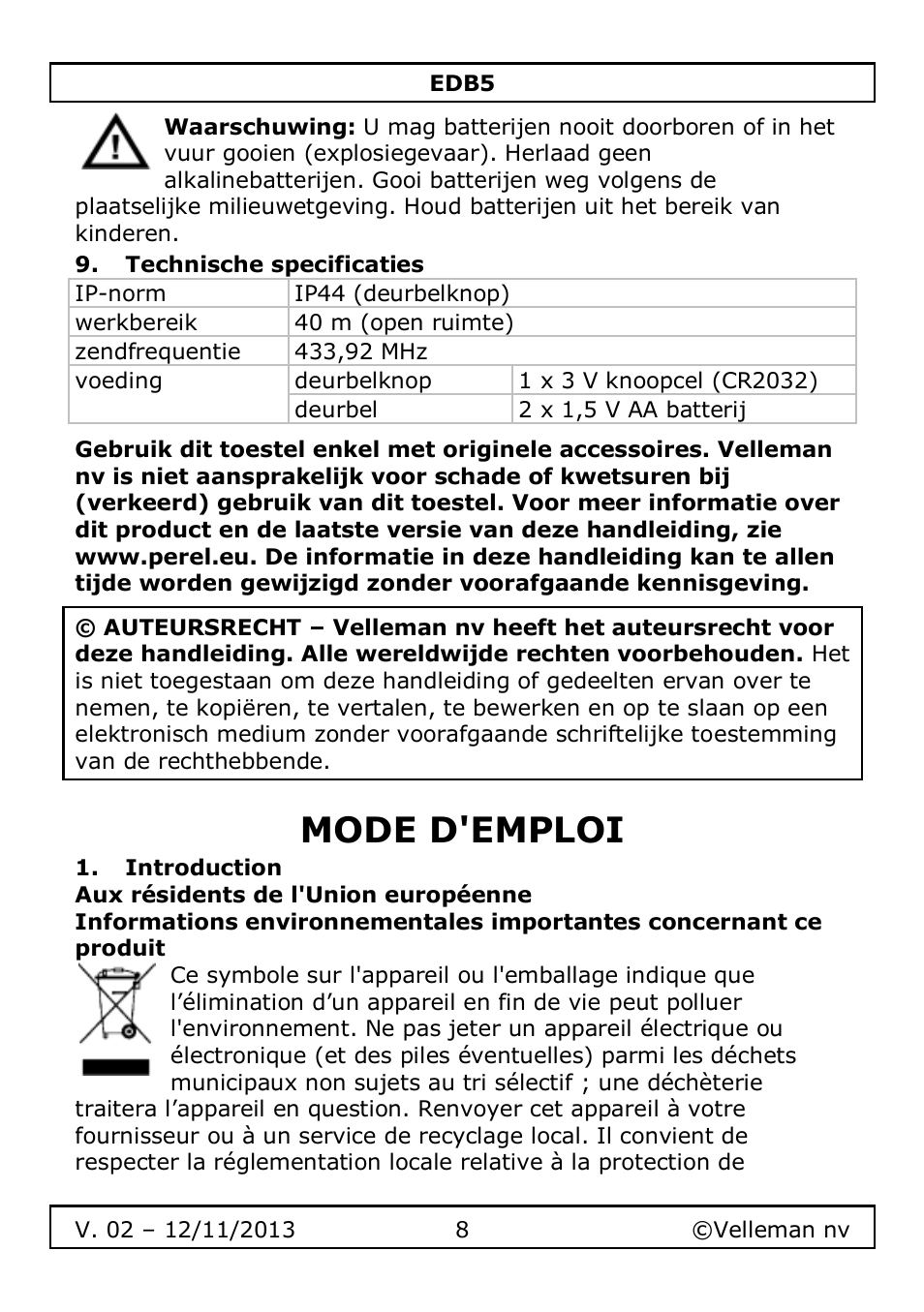 Technische specificaties, Mode d'emploi, Introduction | Velleman EDB5 User Manual | Page 8 / 28