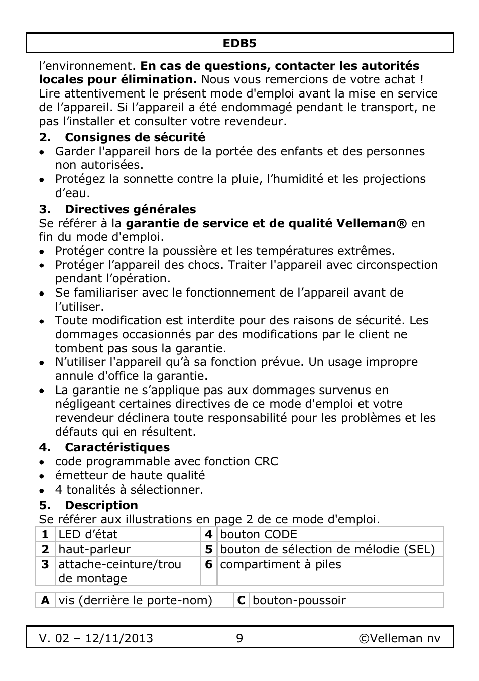 Consignes de sécurité, Directives générales, Caractéristiques | Description | Velleman EDB5 User Manual | Page 9 / 28
