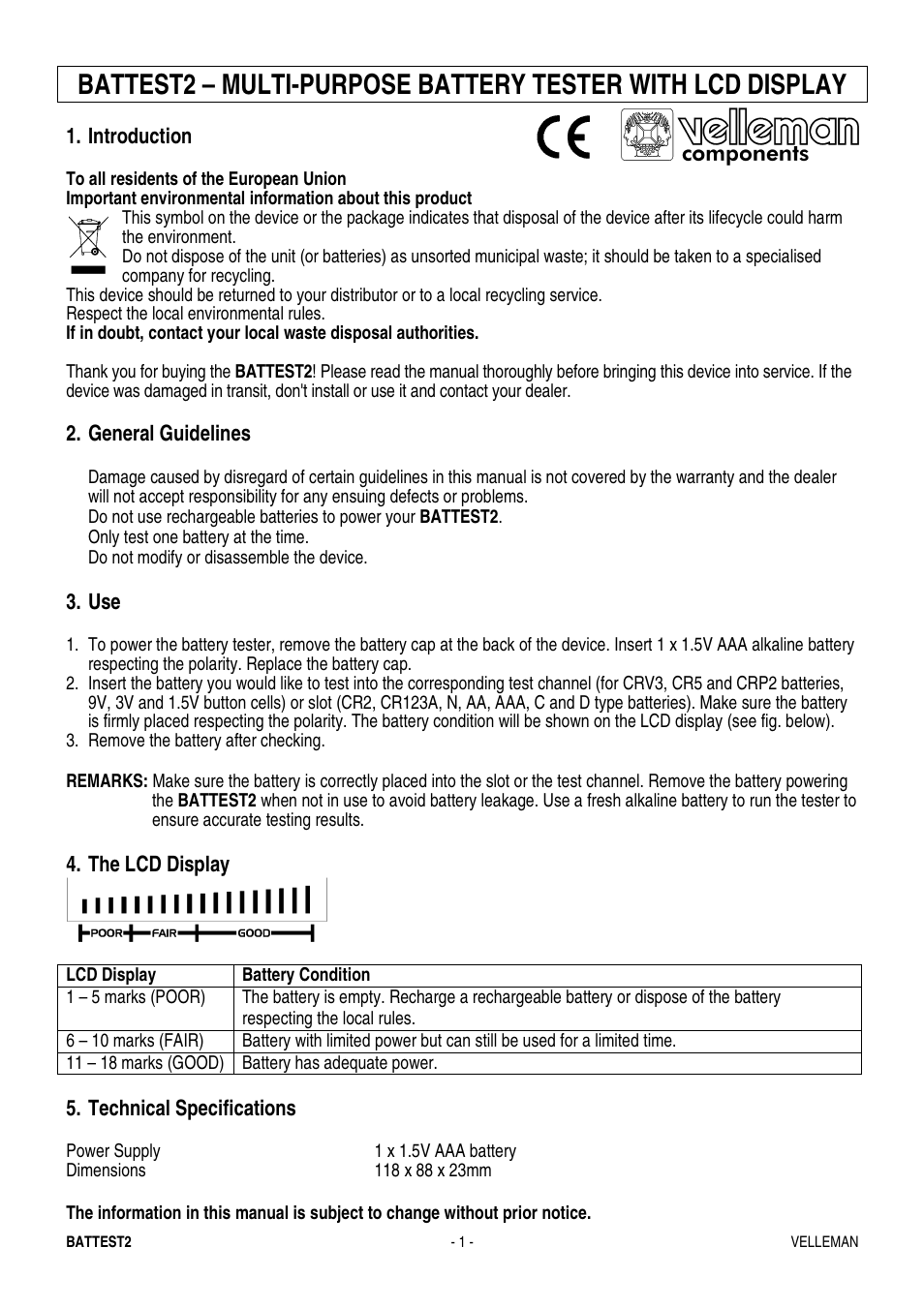 Velleman BATTEST2 User Manual | 5 pages