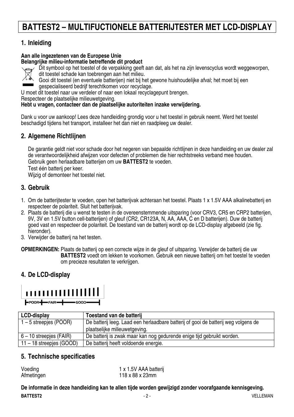 Velleman BATTEST2 User Manual | Page 2 / 5