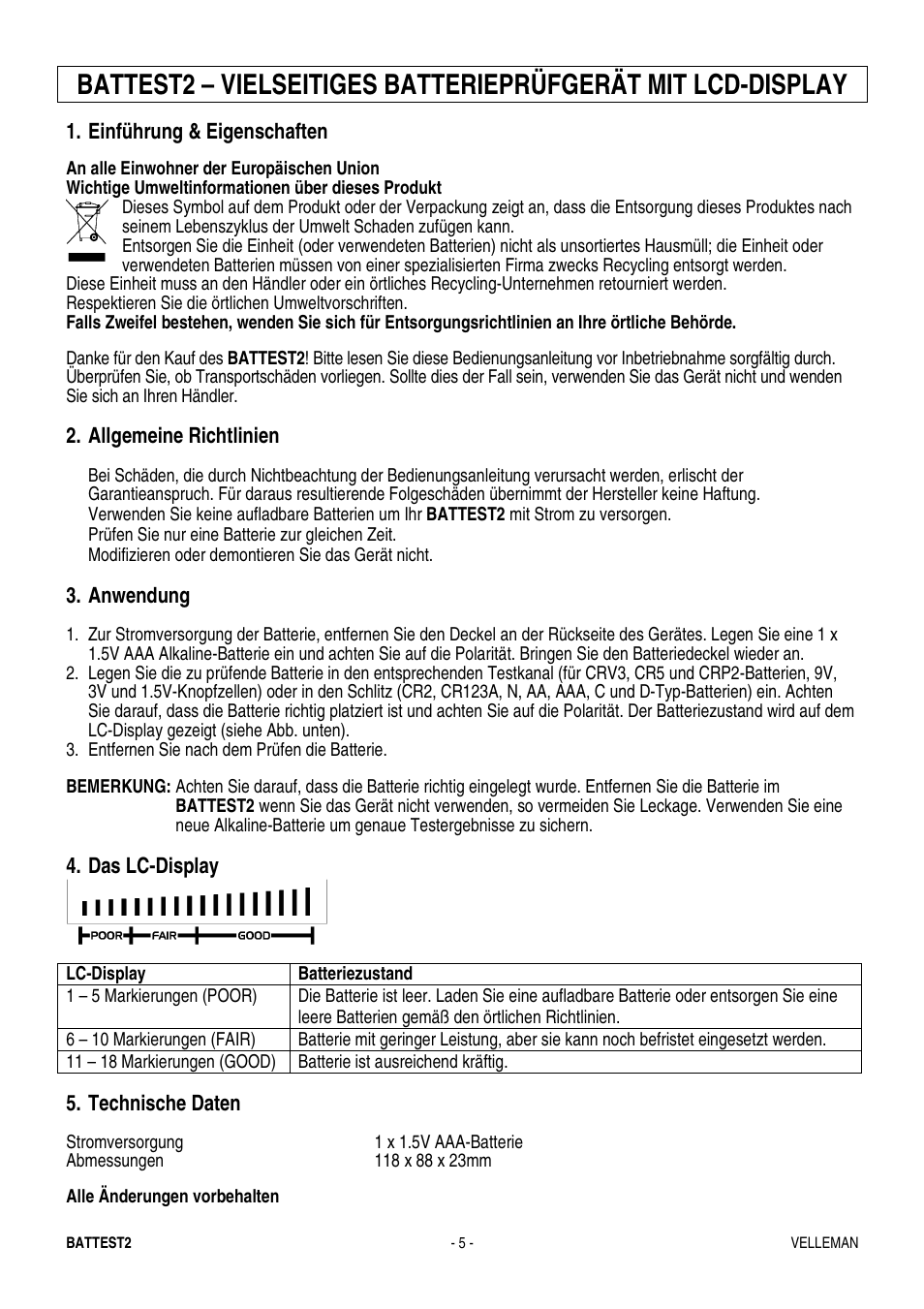 Einführung & eigenschaften, Allgemeine richtlinien, Anwendung | Das lc-display, Technische daten | Velleman BATTEST2 User Manual | Page 5 / 5