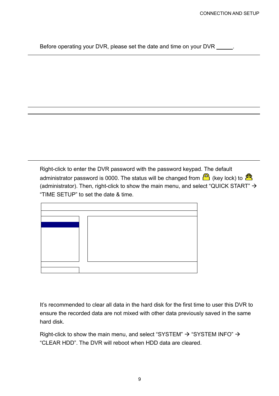 4 date and time setting, 5 clear hard disk | Velleman DVR16H1 User manual User Manual | Page 14 / 71