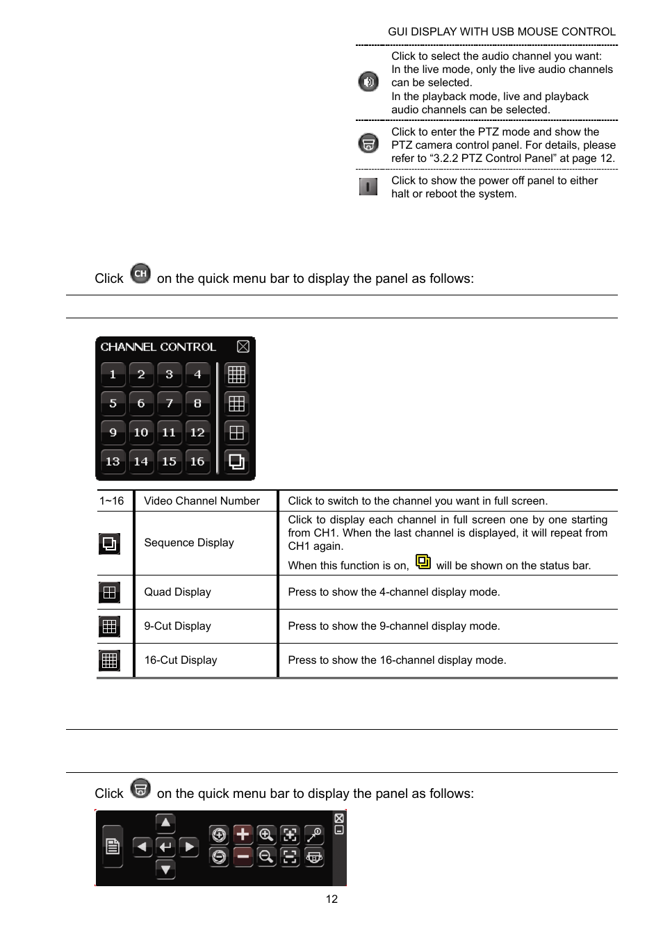 1 channel switch, 2 ptz control panel | Velleman DVR16H1 User manual User Manual | Page 17 / 71