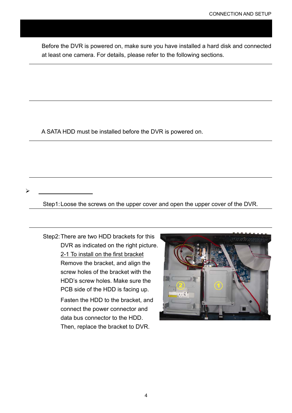 Connection and setup, 1 sata hdd installation | Velleman DVR16H1 User manual User Manual | Page 9 / 71