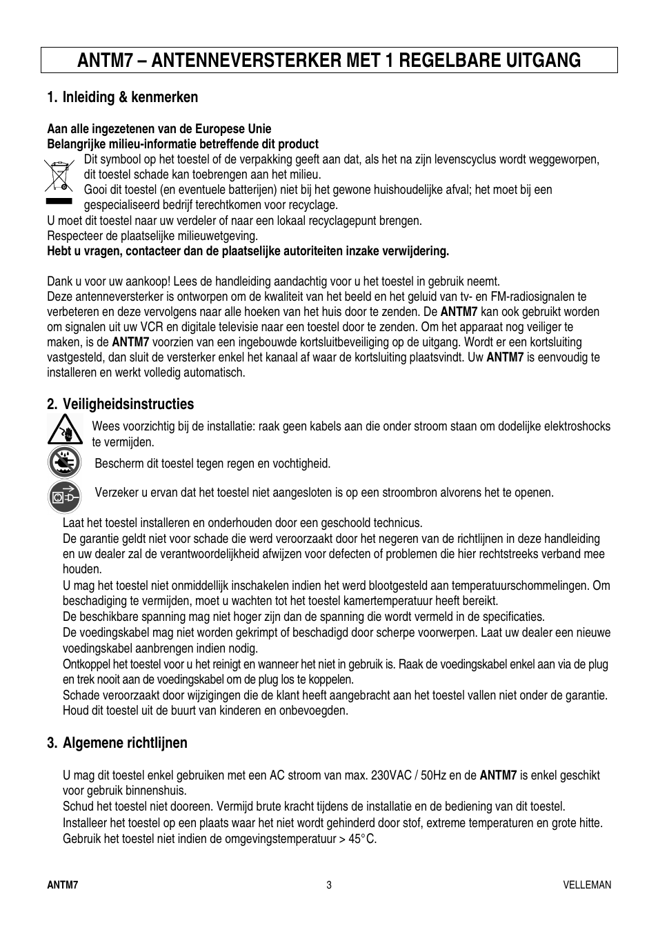 Antm7 – antenneversterker met 1 regelbare uitgang | Velleman ANTM7 User Manual | Page 3 / 11