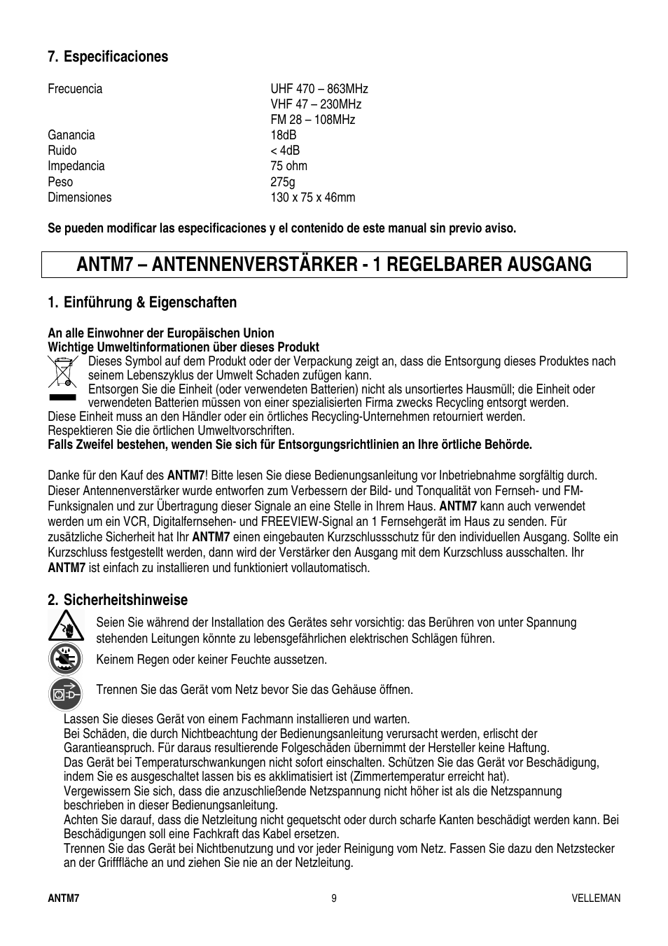 Antm7 – antennenverstärker - 1 regelbarer ausgang | Velleman ANTM7 User Manual | Page 9 / 11