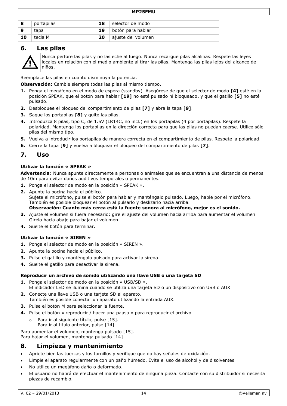 Las pilas, Limpieza y mantenimiento | Velleman MP25FMU User Manual | Page 14 / 20