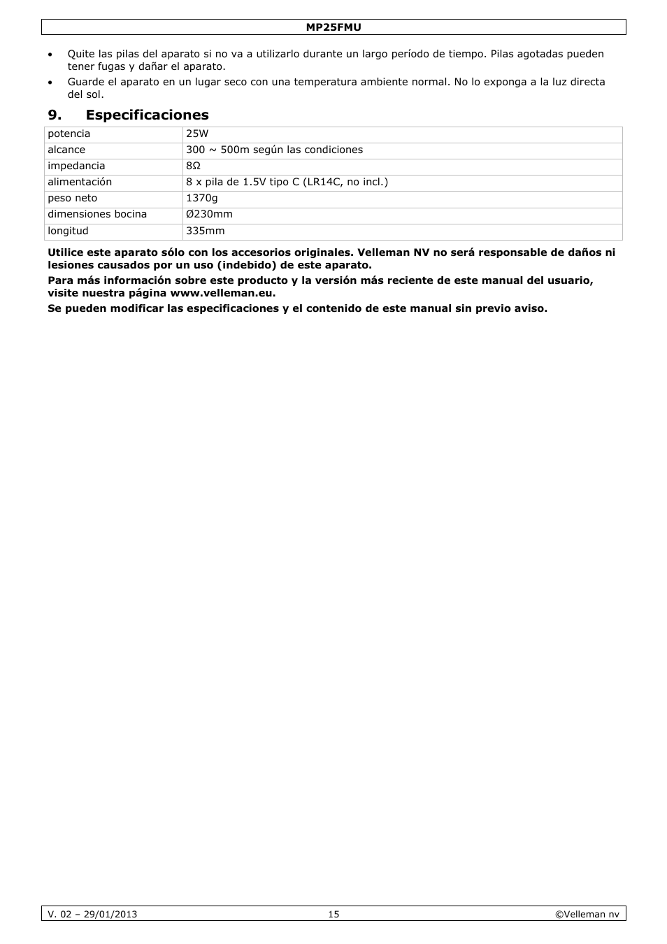 Especificaciones | Velleman MP25FMU User Manual | Page 15 / 20