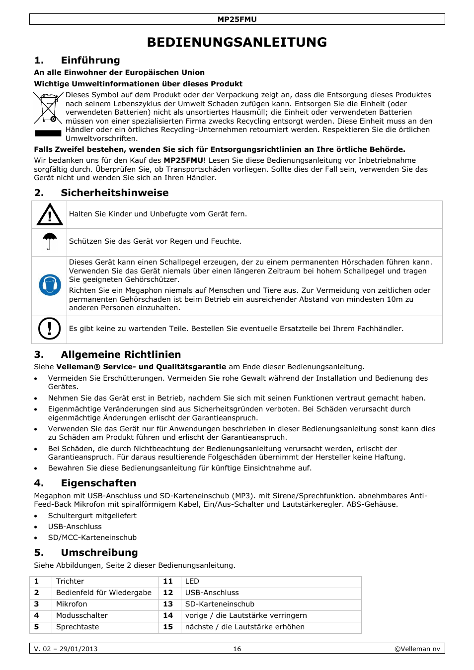 Bedienungsanleitung, Einführung, Sicherheitshinweise | Allgemeine richtlinien, Eigenschaften, Umschreibung | Velleman MP25FMU User Manual | Page 16 / 20