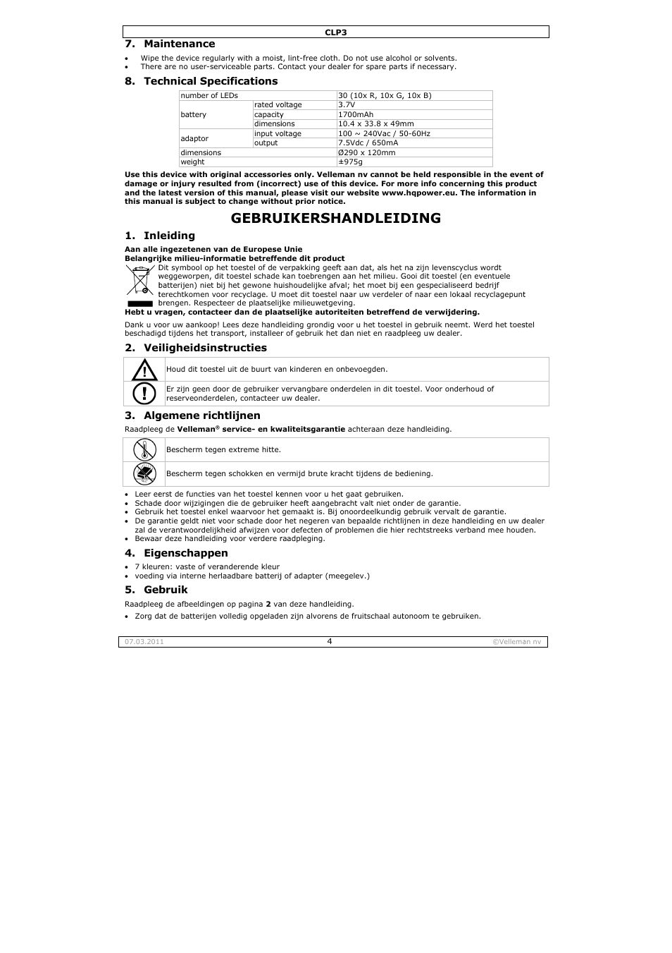 Gebru, Uikersha, Andleid | Ding, Intenance, Chnical spe, Eiding, Iligheidsins, Gemene rich, Genschappe | Velleman CLP3 User Manual | Page 4 / 11