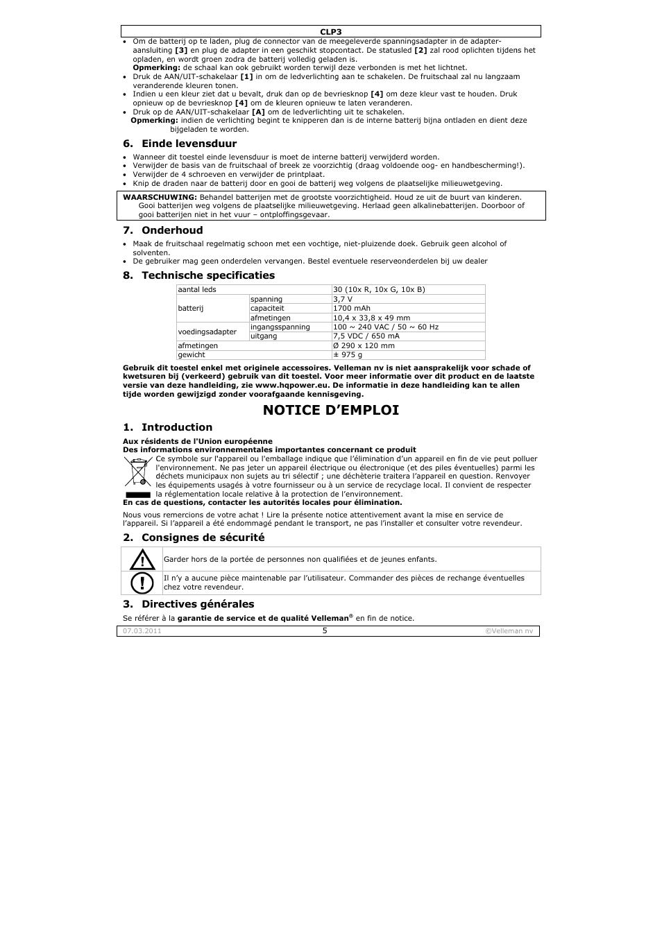 Otice d, Emploi, Nde levensd | Derhoud, Chnische sp, Troduction, Nsignes de, Rectives gén, Duur, Pecificaties | Velleman CLP3 User Manual | Page 5 / 11