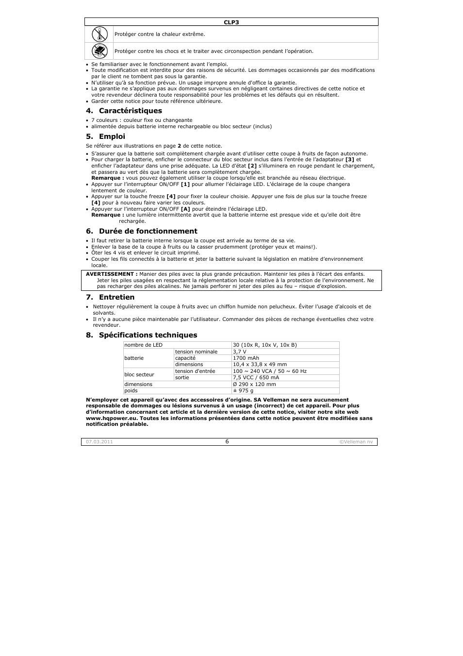 Caractéristiques, Emploi, Durée de fonctionnement | Entretien, Spécifications techniques | Velleman CLP3 User Manual | Page 6 / 11