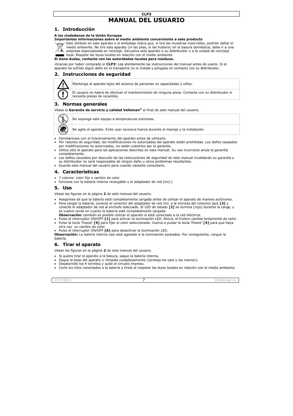 Nual del, L usuar, Tira | Troducción, Strucciones, Rmas gener, Racterística, Ar el aparat, S de segurid, Rales | Velleman CLP3 User Manual | Page 7 / 11