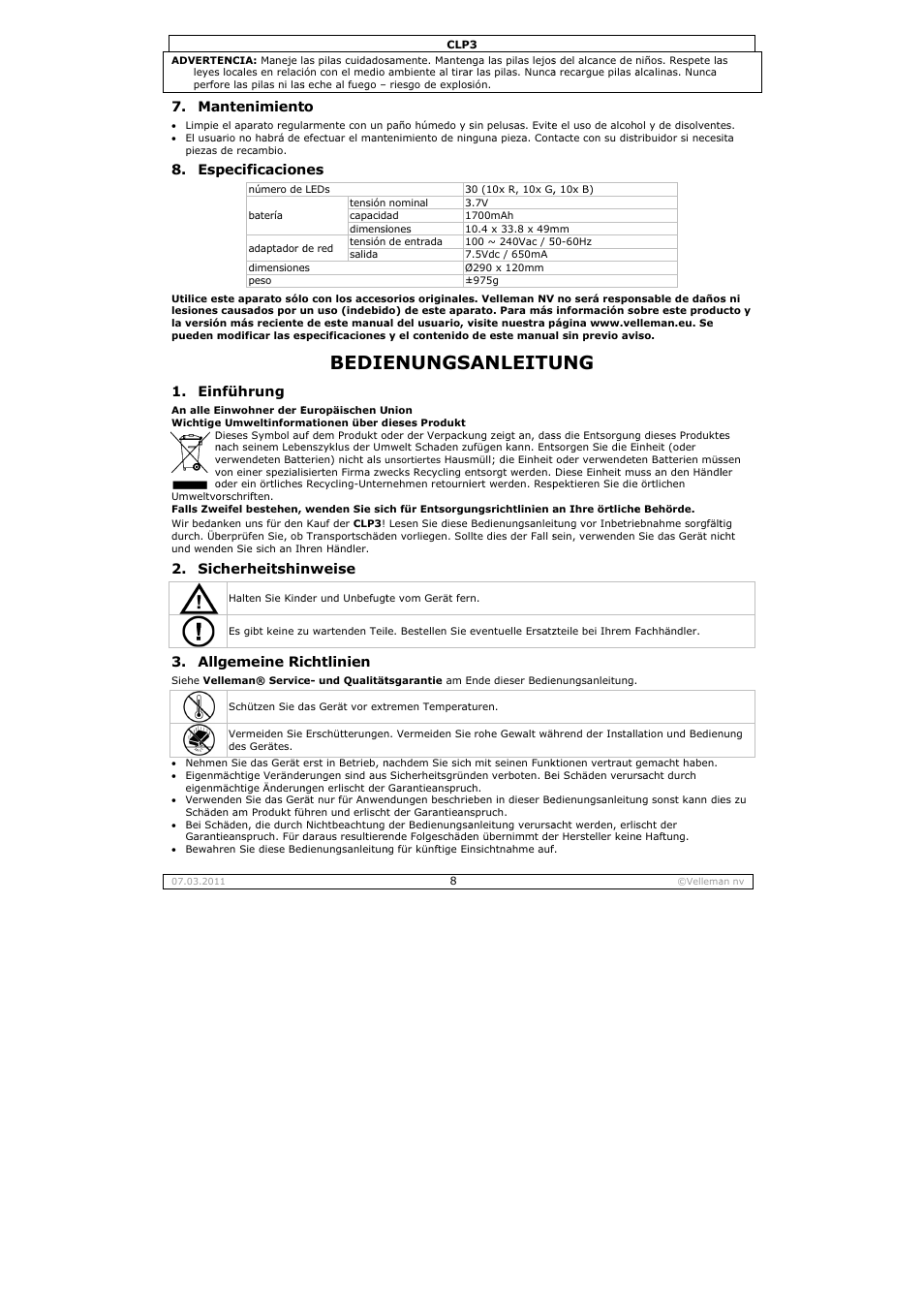 Bedie, Enungs, Anleitu | Allg, Ntenimient, Pecificacion, Nführung, Cherheitshin, Gemeine ri, Nweise | Velleman CLP3 User Manual | Page 8 / 11
