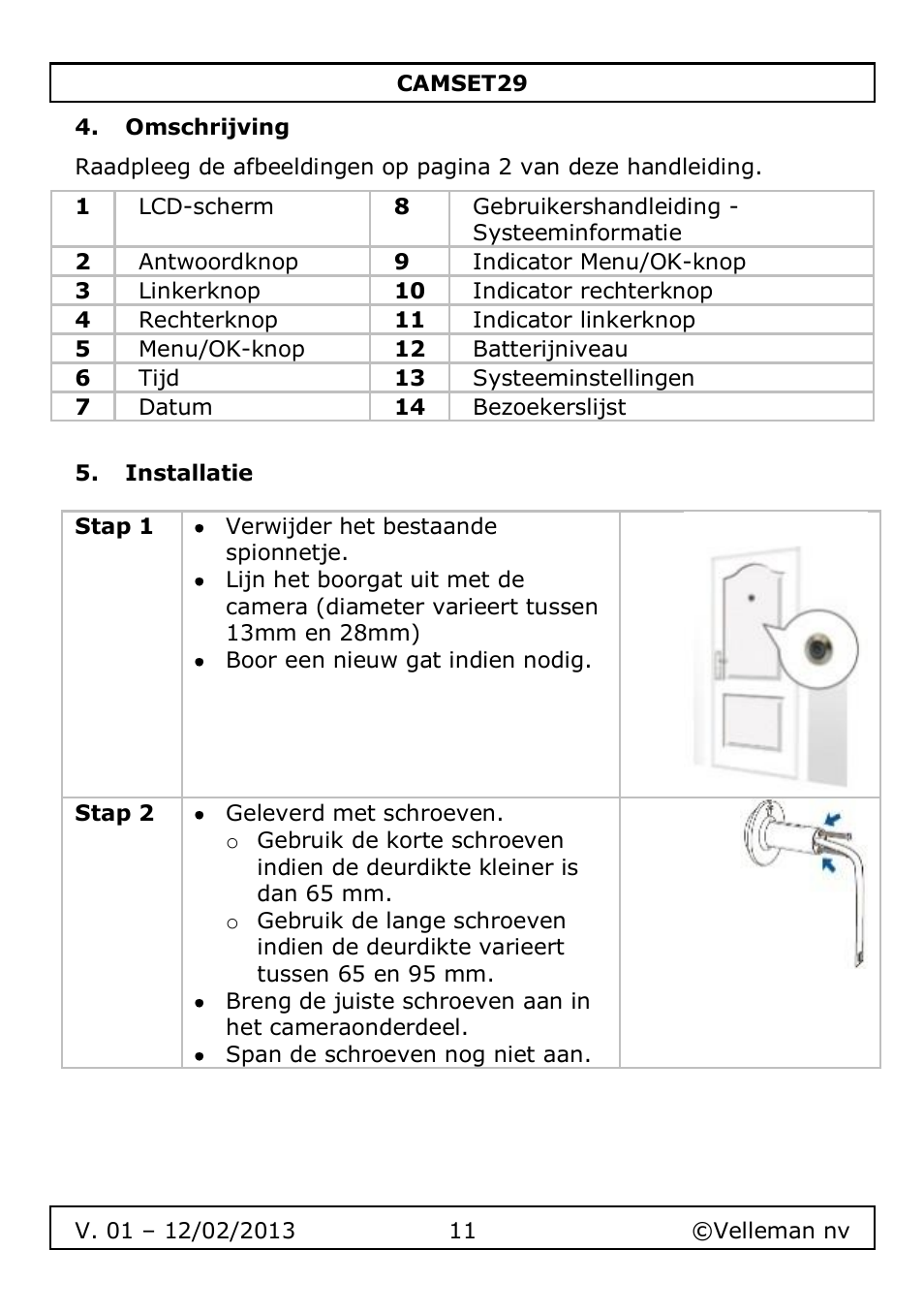 Omschrijving, Installatie | Velleman CAMSET29 User Manual | Page 11 / 54