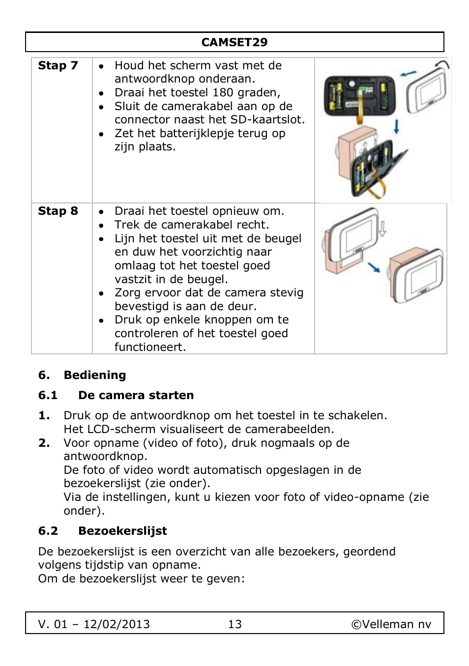 Bediening, 1 de camera starten, 2 bezoekerslijst | Velleman CAMSET29 User Manual | Page 13 / 54