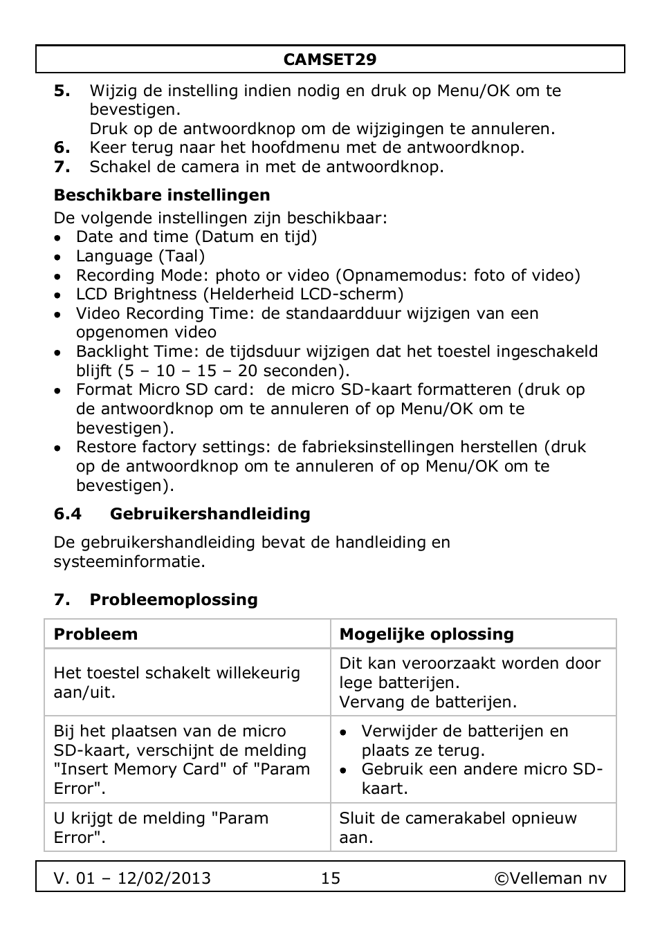 Beschikbare instellingen, 4 gebruikershandleiding, Probleemoplossing | Velleman CAMSET29 User Manual | Page 15 / 54