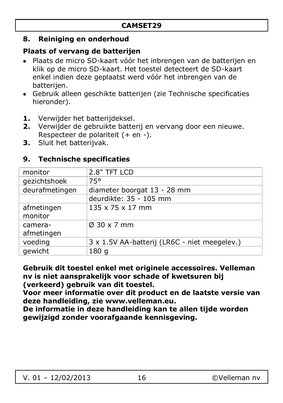 Reiniging en onderhoud, Plaats of vervang de batterijen, Technische specificaties | Velleman CAMSET29 User Manual | Page 16 / 54
