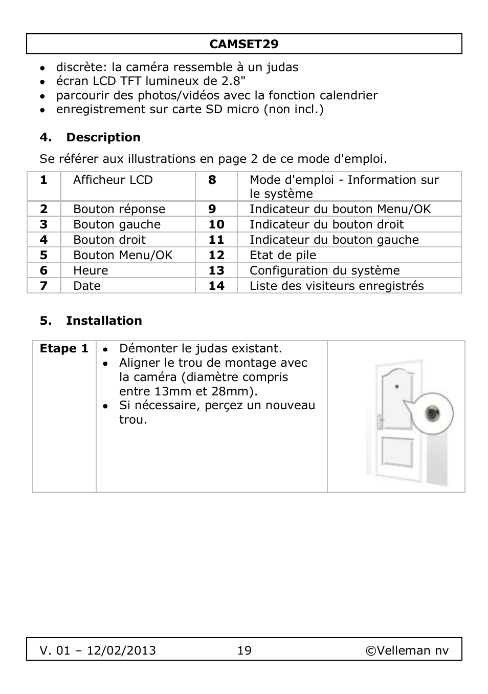 Description, Installation | Velleman CAMSET29 User Manual | Page 19 / 54