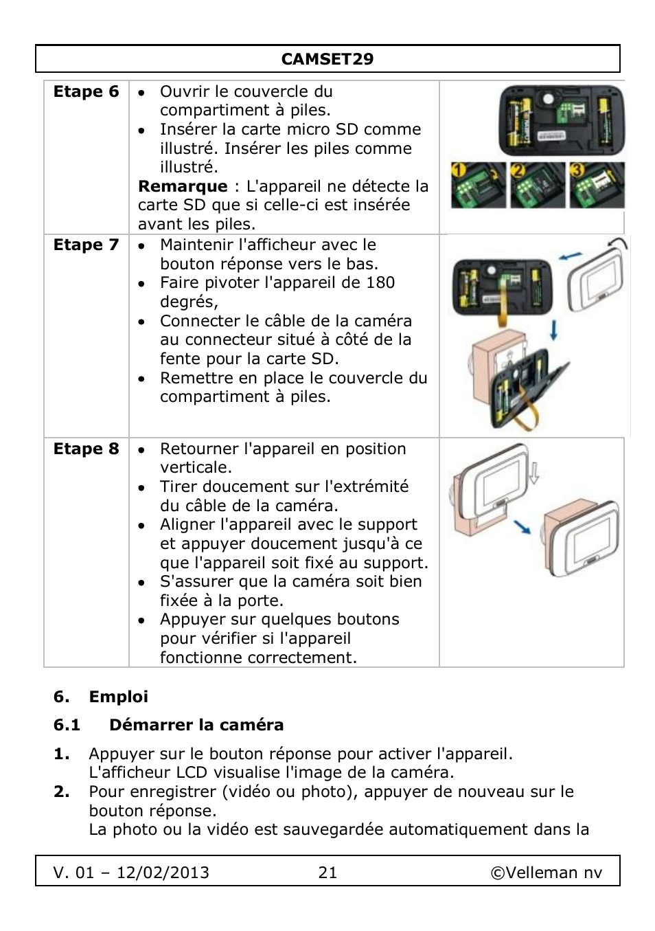 Emploi, 1 démarrer la caméra | Velleman CAMSET29 User Manual | Page 21 / 54