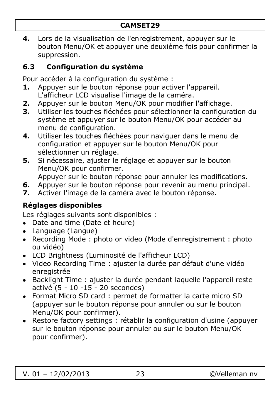 3 configuration du système, Réglages disponibles | Velleman CAMSET29 User Manual | Page 23 / 54