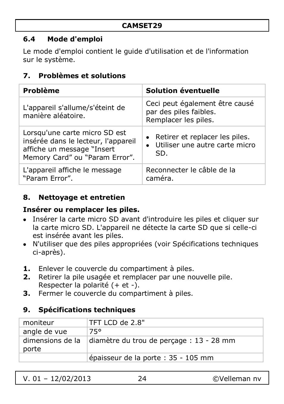 4 mode d'emploi, Problèmes et solutions, Nettoyage et entretien | Insérer ou remplacer les piles, Spécifications techniques | Velleman CAMSET29 User Manual | Page 24 / 54