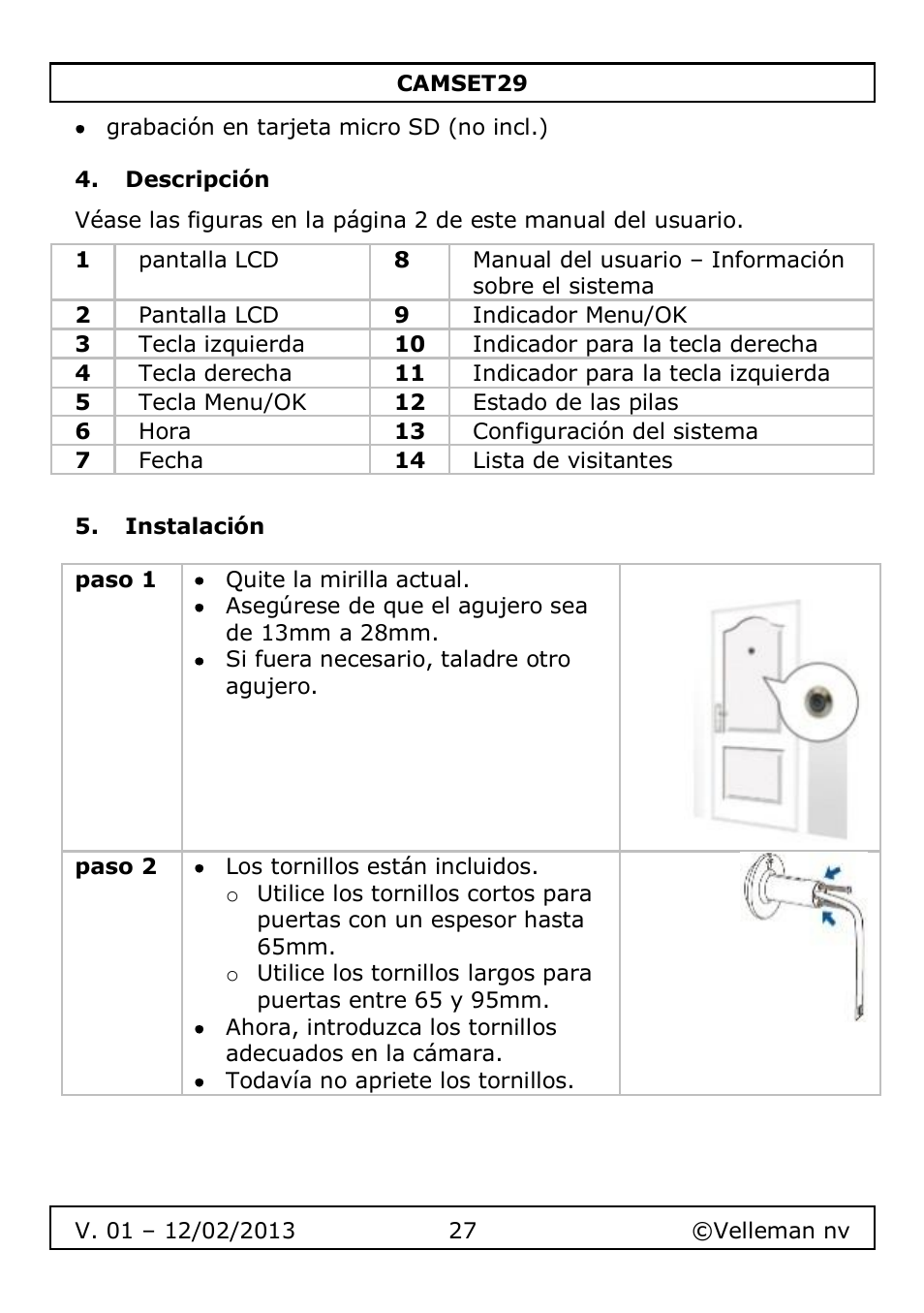 Descripción, Instalación | Velleman CAMSET29 User Manual | Page 27 / 54