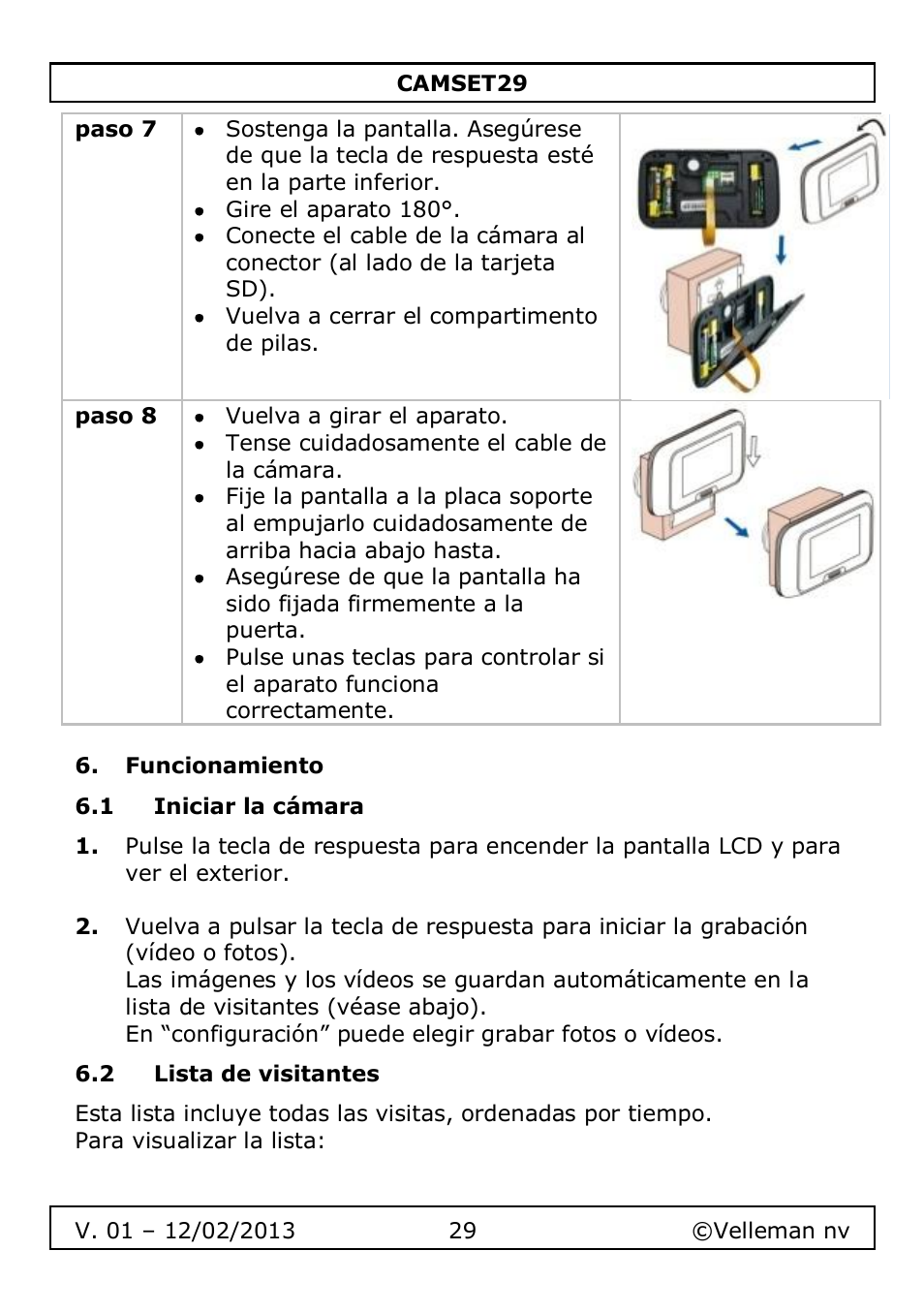 Funcionamiento, 1 iniciar la cámara, 2 lista de visitantes | Velleman CAMSET29 User Manual | Page 29 / 54
