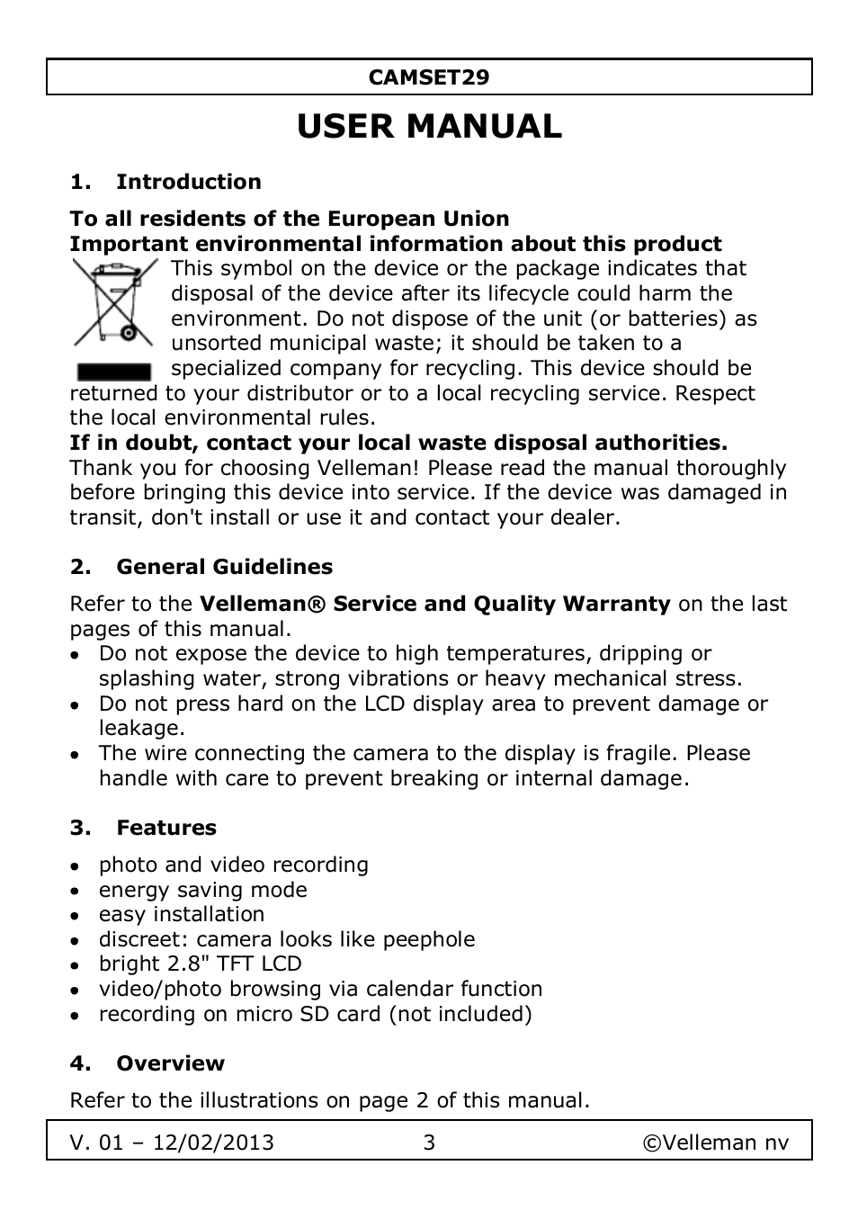 User manual, Introduction, General guidelines | Features, Overview | Velleman CAMSET29 User Manual | Page 3 / 54