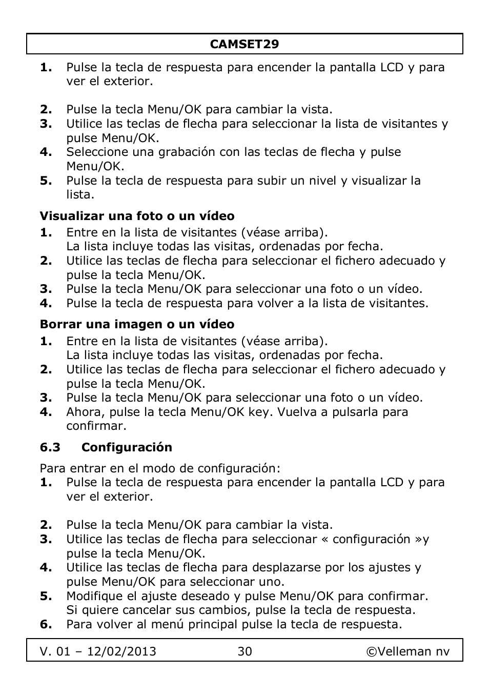 Visualizar una foto o un vídeo, Borrar una imagen o un vídeo, 3 configuración | Velleman CAMSET29 User Manual | Page 30 / 54