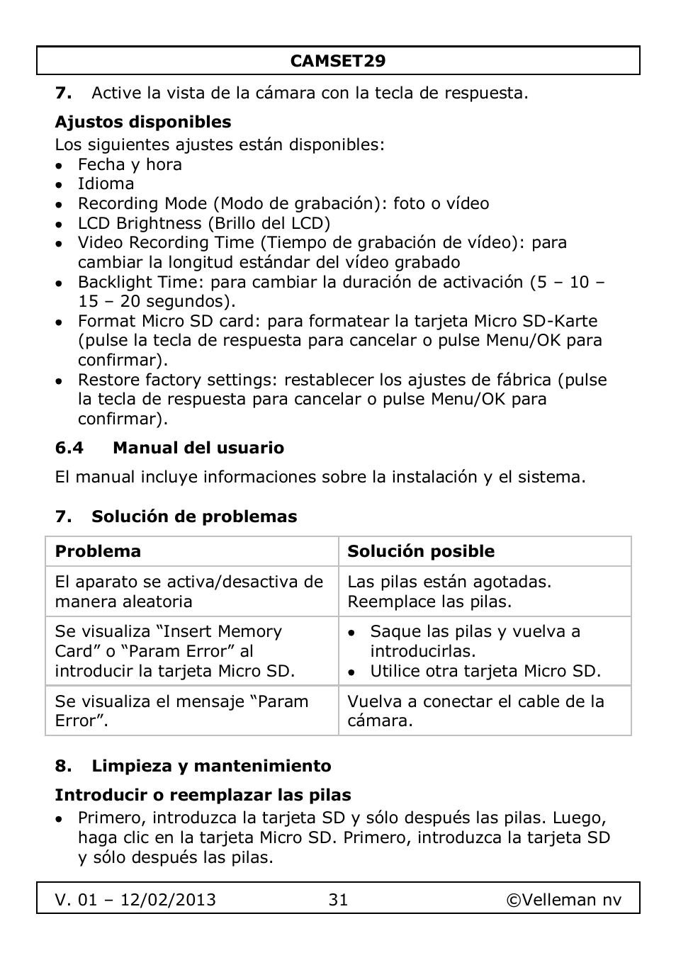 Ajustos disponibles, 4 manual del usuario, Solución de problemas | Limpieza y mantenimiento, Introducir o reemplazar las pilas | Velleman CAMSET29 User Manual | Page 31 / 54
