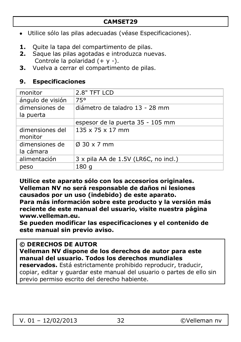 Especificaciones | Velleman CAMSET29 User Manual | Page 32 / 54