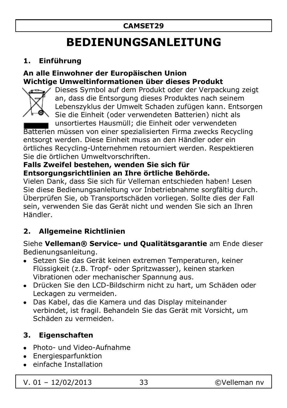 Bedienungsanleitung, Einführung, Allgemeine richtlinien | Eigenschaften | Velleman CAMSET29 User Manual | Page 33 / 54