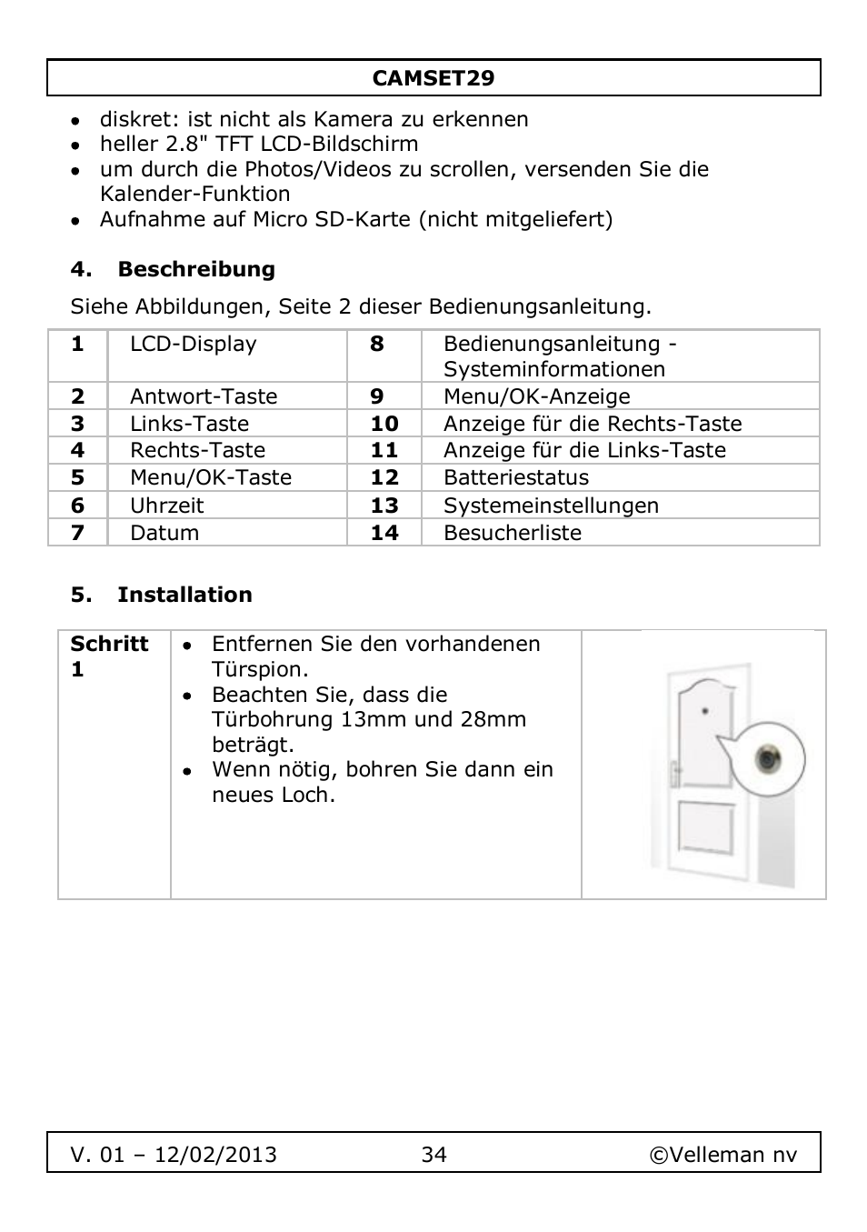 Beschreibung, Installation | Velleman CAMSET29 User Manual | Page 34 / 54