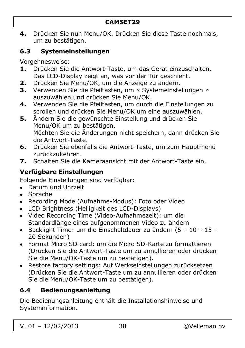 3 systemeinstellungen, Verfügbare einstellungen, 4 bedienungsanleitung | Velleman CAMSET29 User Manual | Page 38 / 54