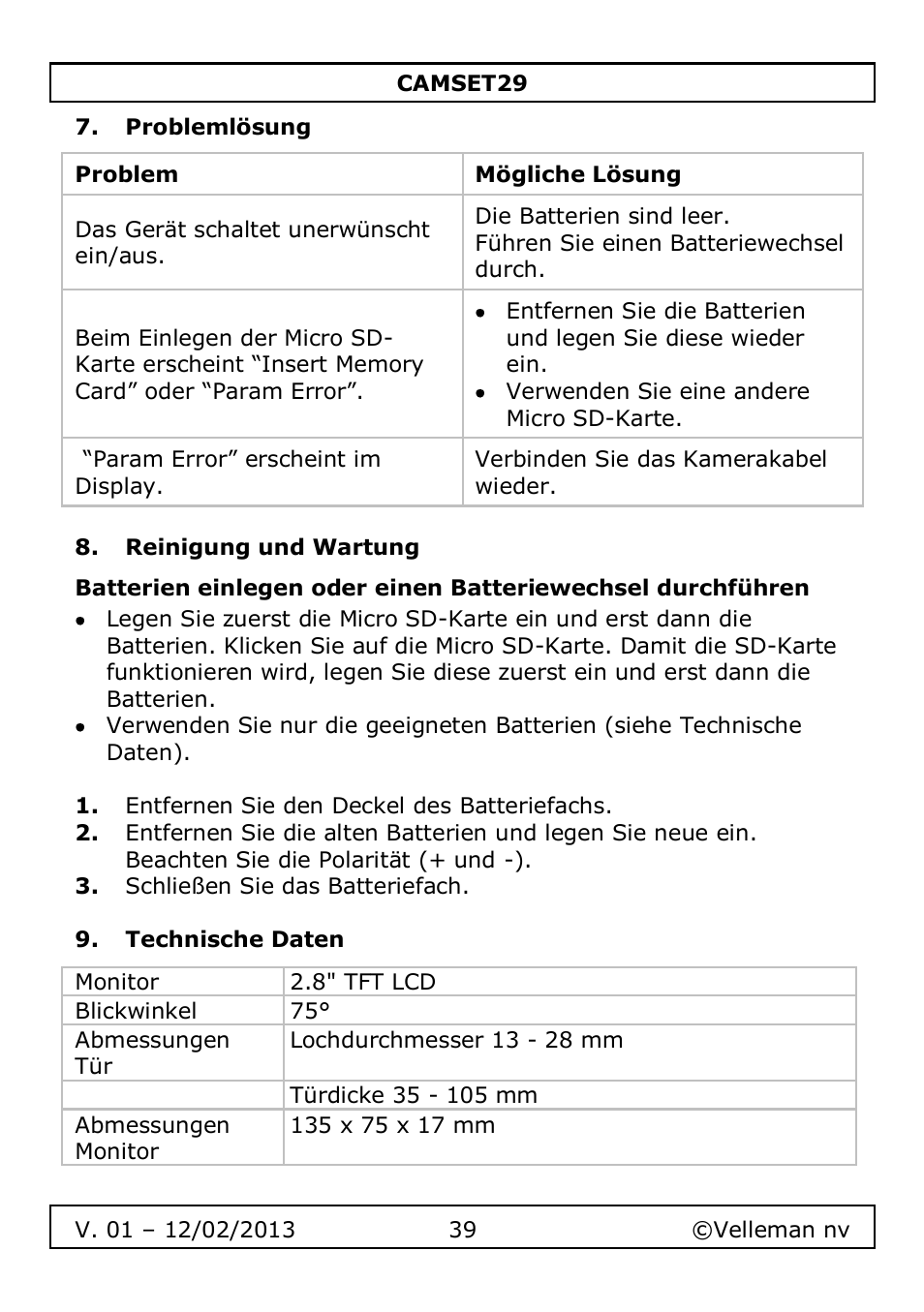 Problemlösung, Reinigung und wartung, Technische daten | Velleman CAMSET29 User Manual | Page 39 / 54