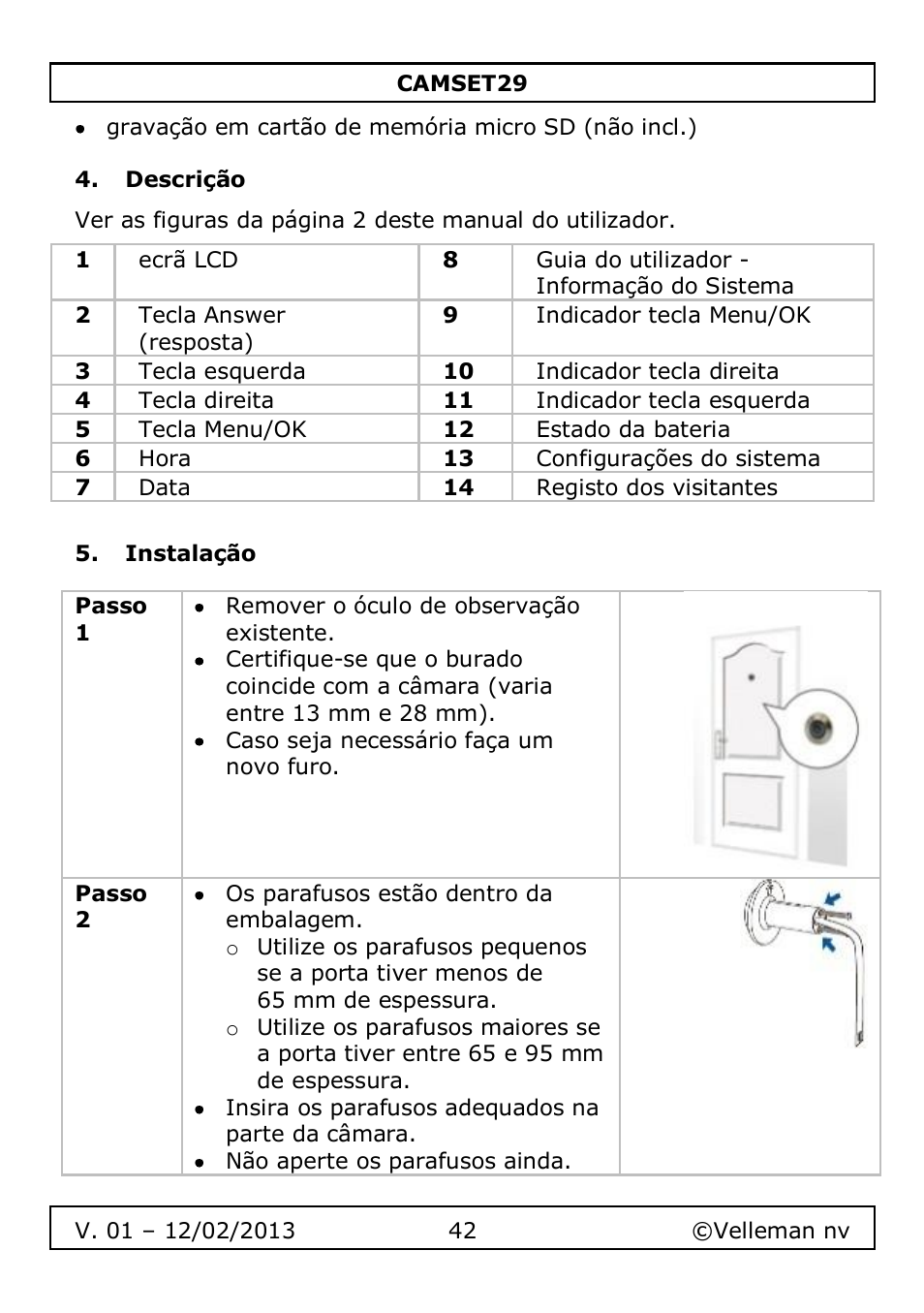 Descrição, Instalação | Velleman CAMSET29 User Manual | Page 42 / 54