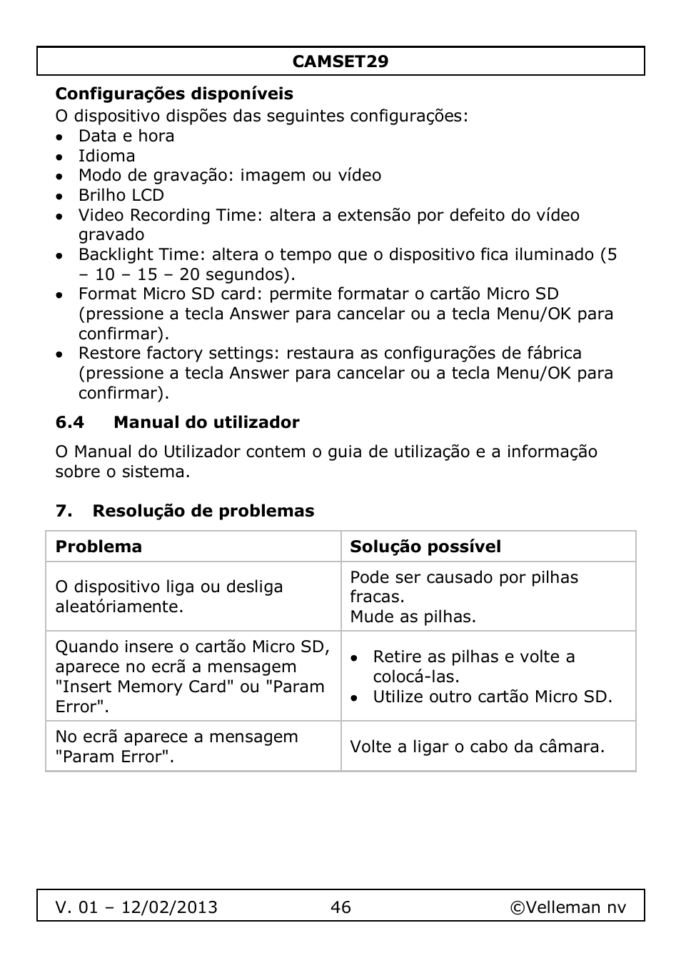Configurações disponíveis, 4 manual do utilizador, Resolução de problemas | Velleman CAMSET29 User Manual | Page 46 / 54