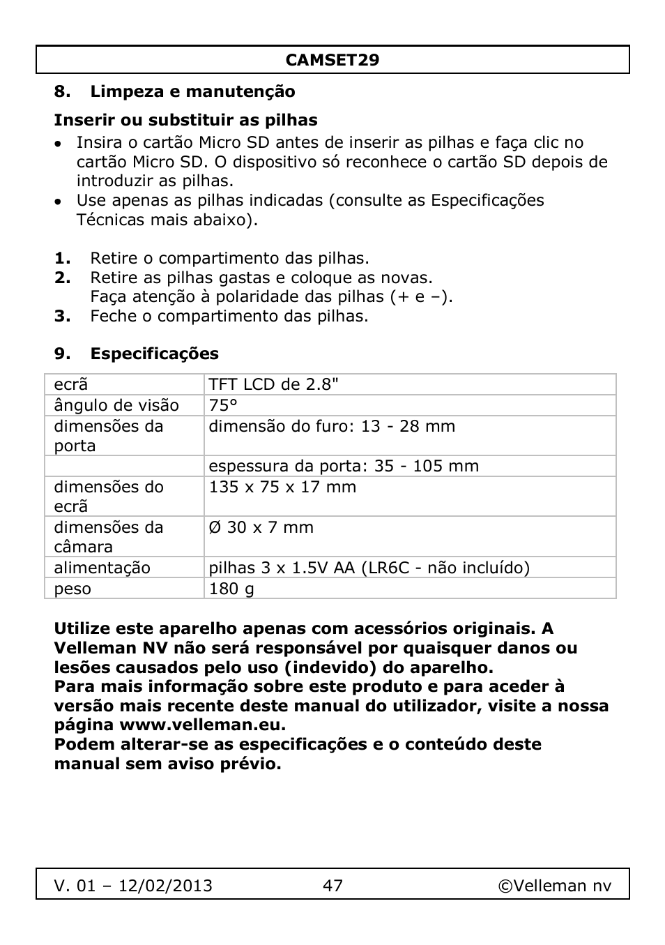 Limpeza e manutenção, Inserir ou substituir as pilhas, Especificações | Velleman CAMSET29 User Manual | Page 47 / 54