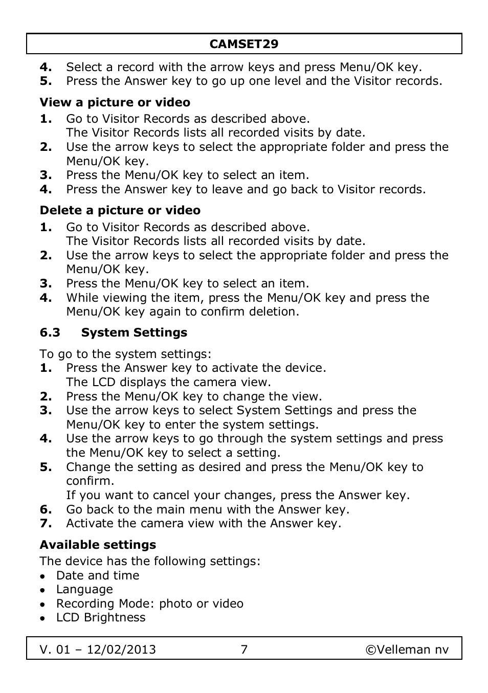 View a picture or video, Delete a picture or video, 3 system settings | Available settings | Velleman CAMSET29 User Manual | Page 7 / 54