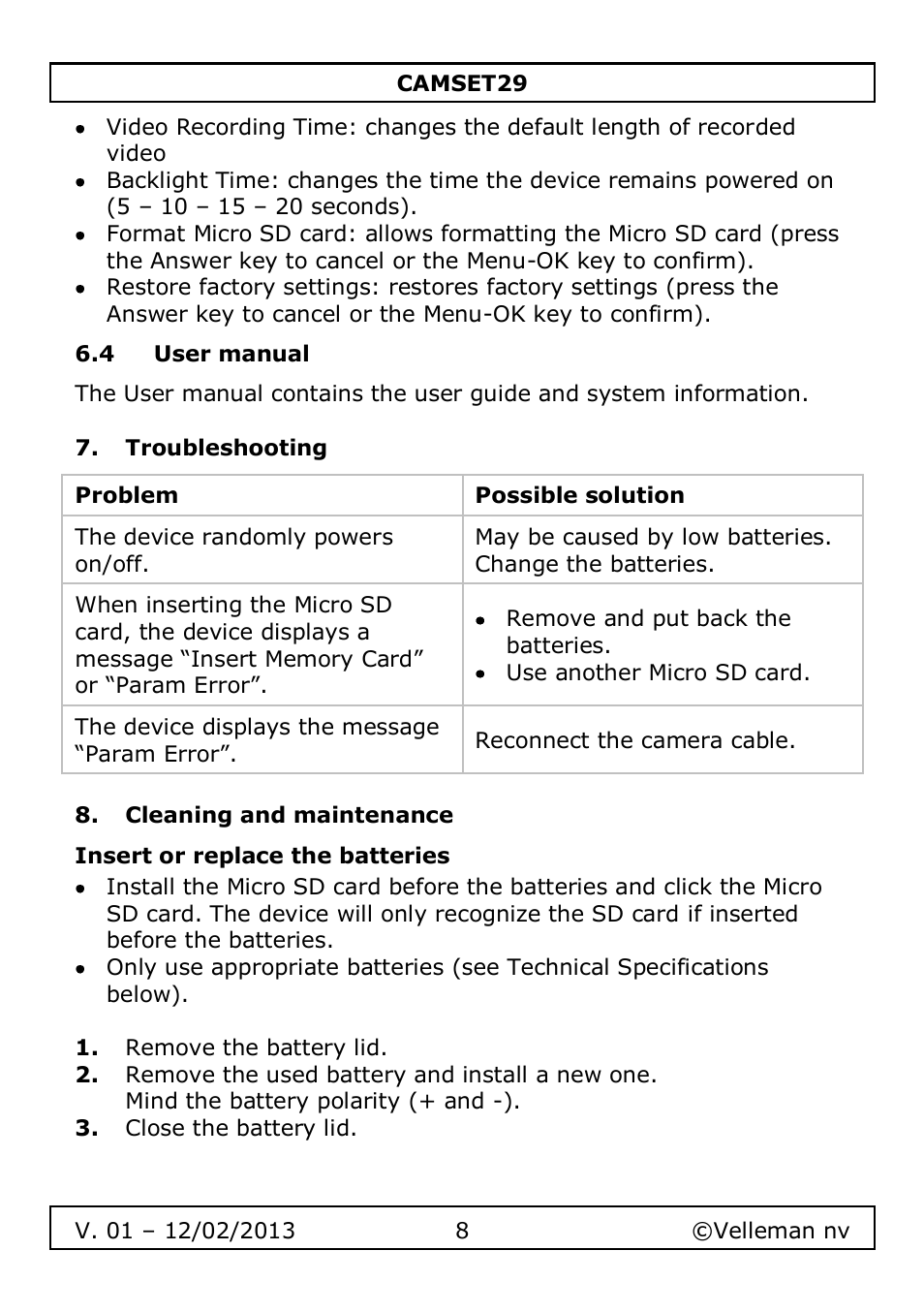 4 user manual, Troubleshooting, Cleaning and maintenance | Insert or replace the batteries | Velleman CAMSET29 User Manual | Page 8 / 54