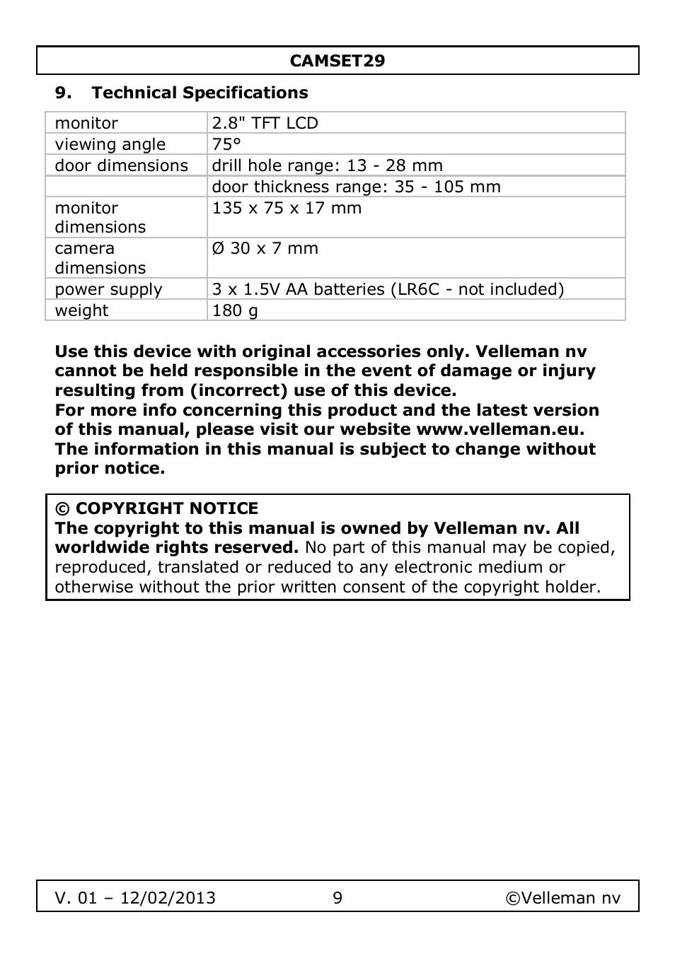 Technical specifications | Velleman CAMSET29 User Manual | Page 9 / 54