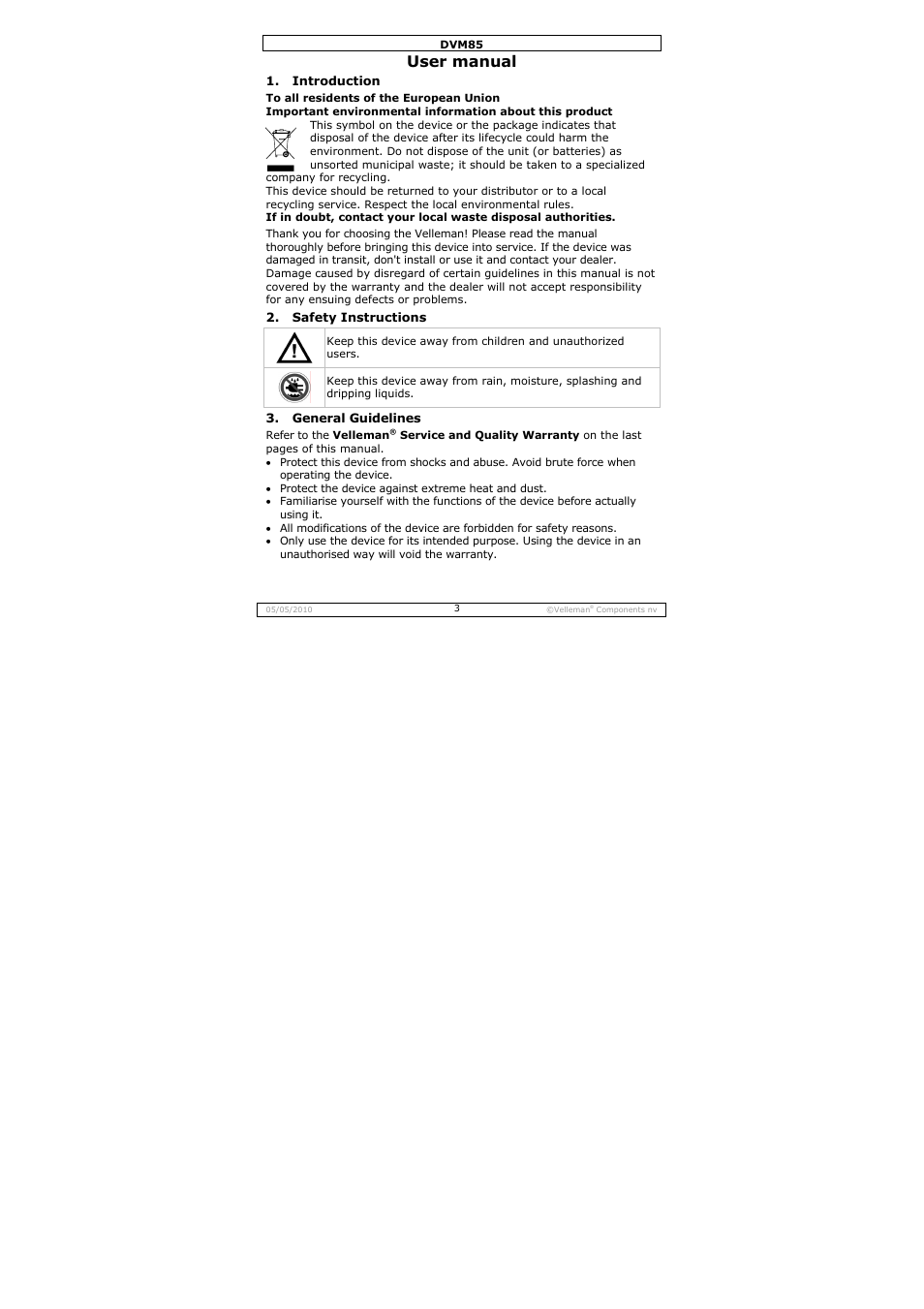 User manual | Velleman DVM85 User Manual | Page 3 / 24