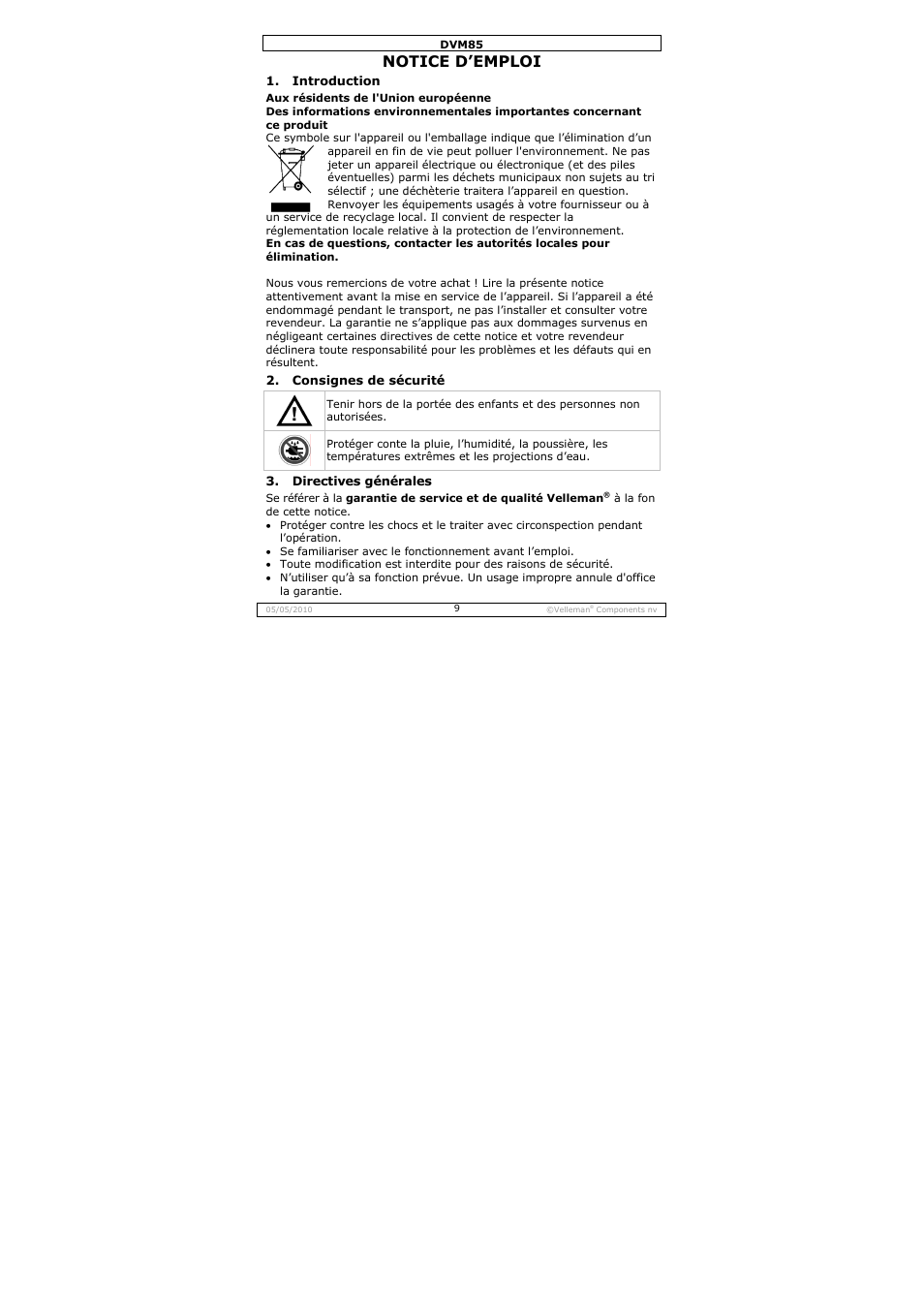 Notice d’emploi | Velleman DVM85 User Manual | Page 9 / 24