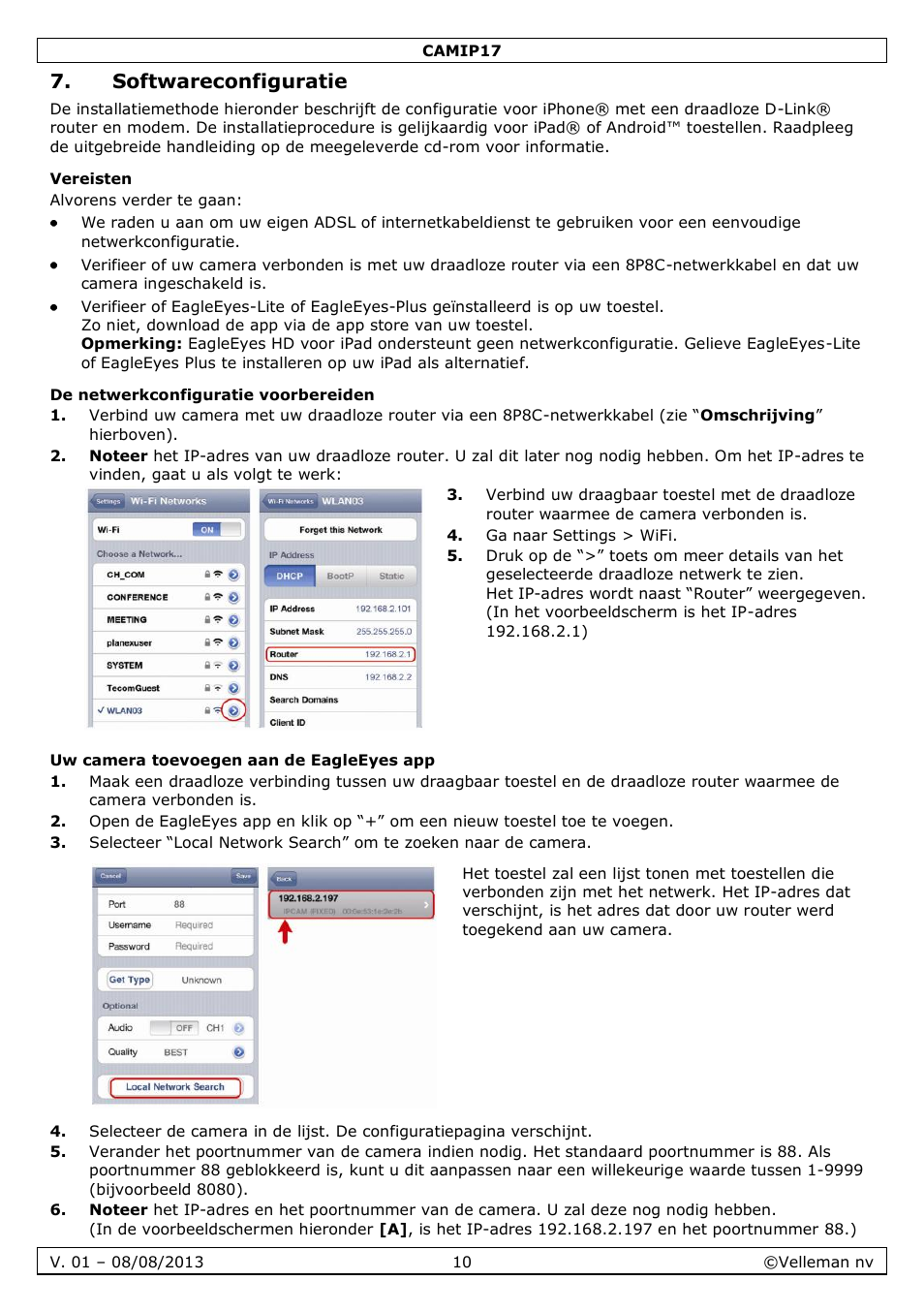 Softwareconfiguratie, Vereisten, De netwerkconfiguratie voorbereiden | Uw camera toevoegen aan de eagleeyes app | Velleman CAMIP17 User manual User Manual | Page 10 / 37