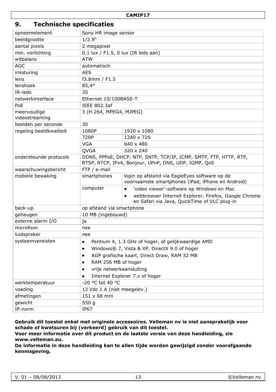 Technische specificaties | Velleman CAMIP17 User manual User Manual | Page 13 / 37