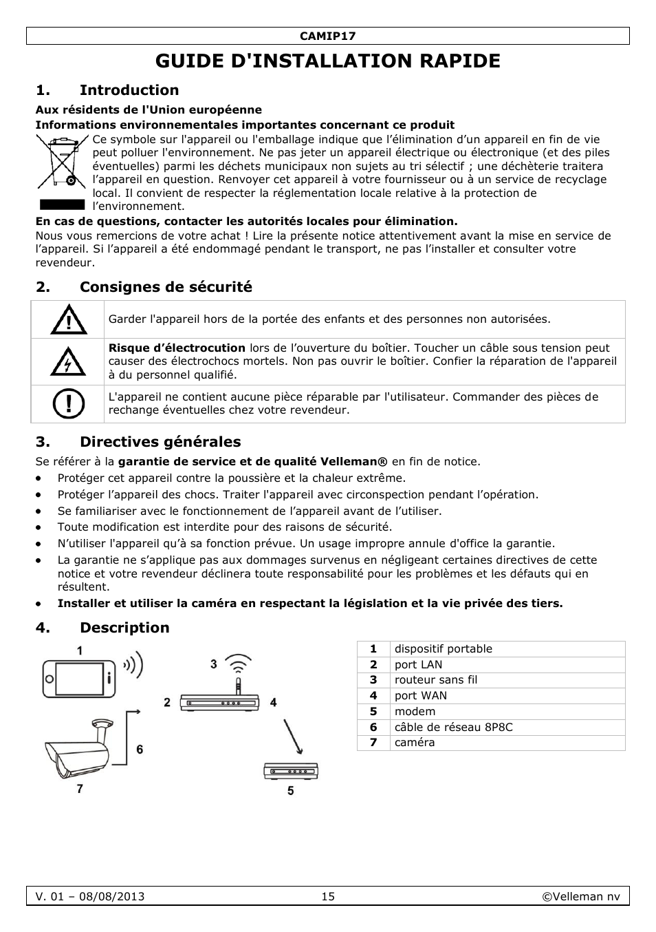 Guide d'installation rapide, Introduction, Consignes de sécurité | Directives générales, Description, Guide d'installation rapide 15 | Velleman CAMIP17 User manual User Manual | Page 15 / 37