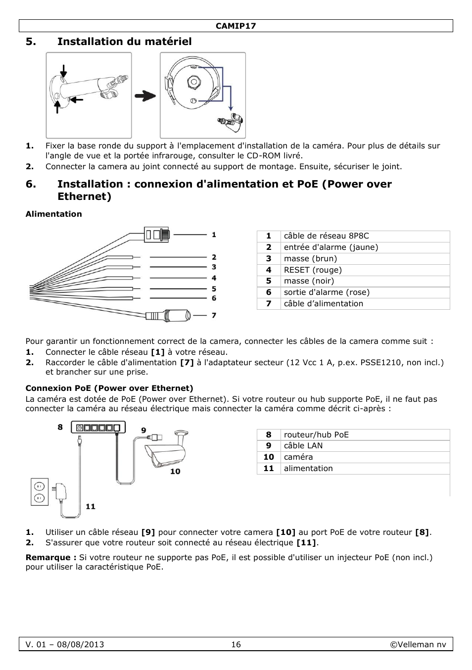 Installation du matériel, Alimentation, Connexion poe (power over ethernet) | Velleman CAMIP17 User manual User Manual | Page 16 / 37