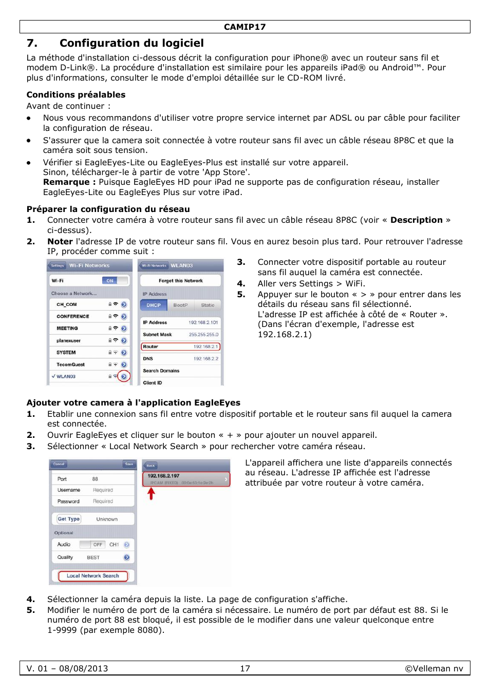 Configuration du logiciel, Conditions préalables, Préparer la configuration du réseau | Ajouter votre camera à l'application eagleeyes | Velleman CAMIP17 User manual User Manual | Page 17 / 37