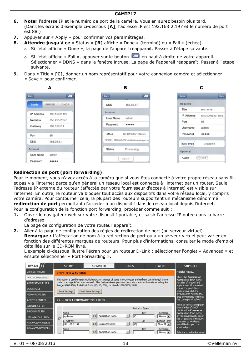 Redirection de port (port forwarding) | Velleman CAMIP17 User manual User Manual | Page 18 / 37